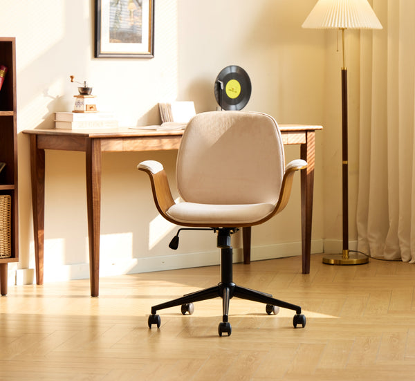 KOLDING - Silla de oficina de pana beige y madera