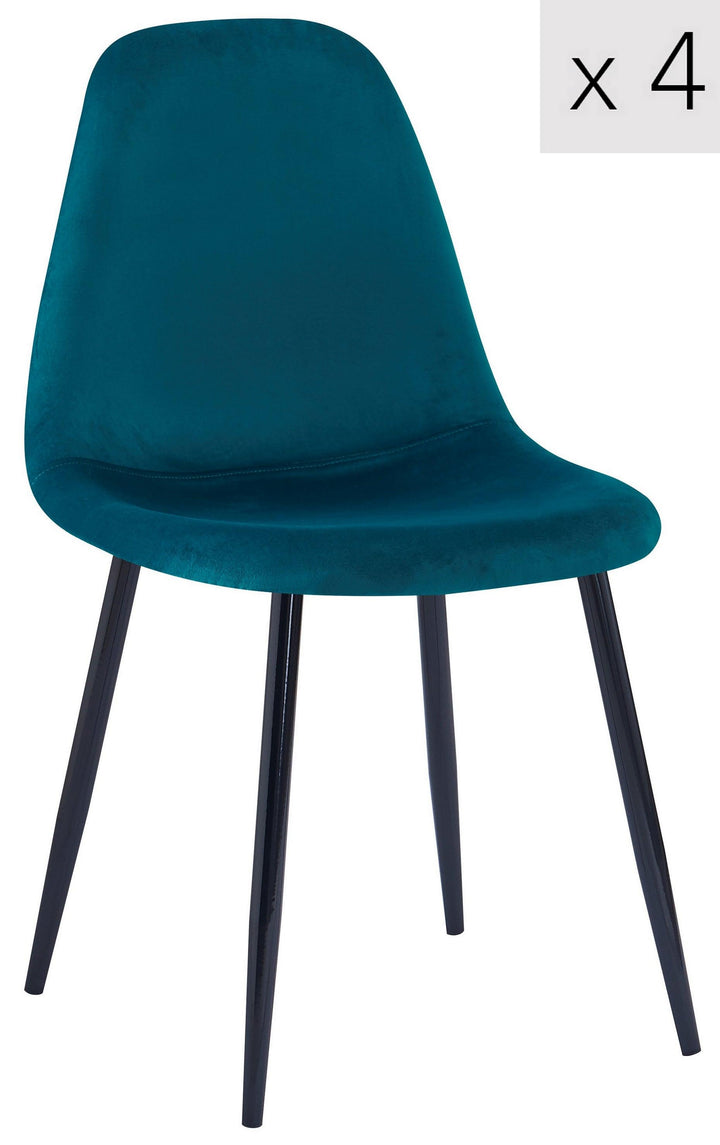 Lote de 4 sillas de terciopelo azul pato y metal