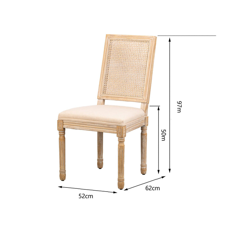 Lote de 2 sillas de madera y caña con asiento de tela beige