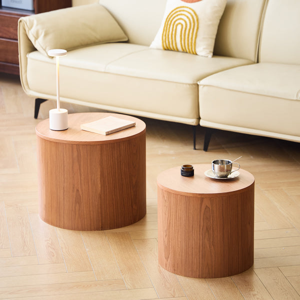 YATOMI - Set de 2 mesas de centro redondas en madera maciza con espacio de almacenaje