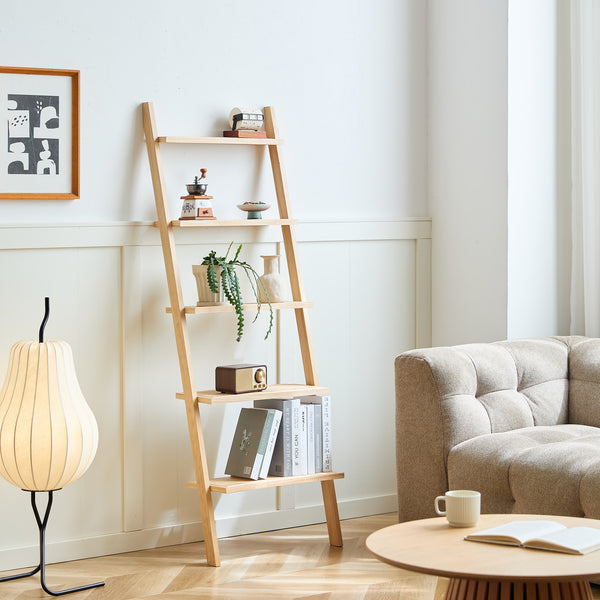 SMOGEN - Estantería de pared con escalera de 5 niveles en madera maciza y ratán