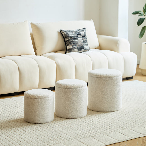 NARVIK - Set de 3 pufs con almacenaje de madera y rizos blancos