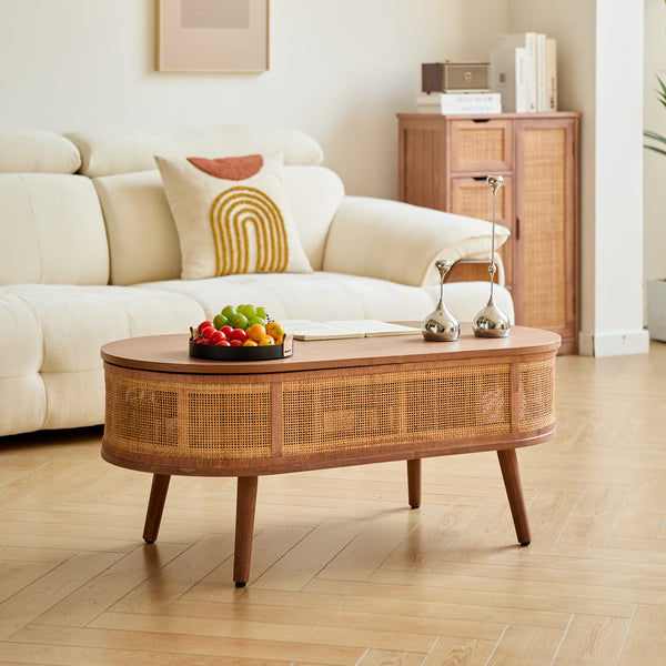 LOTTA - Mesa baja de nogal y ratán con espacio de almacenamiento