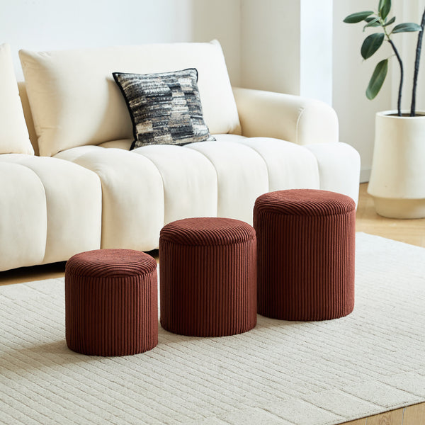 NARVIK - Set de 3 pufs con almacenaje, madera y pana terracota