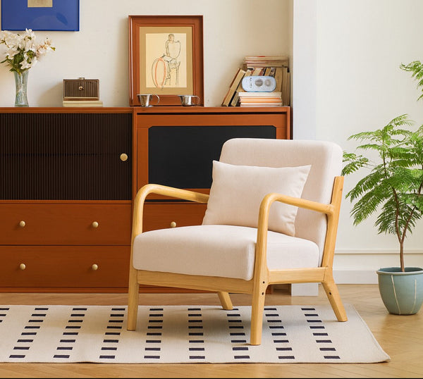 OHAMA - Sillón en madera maciza y tela beige