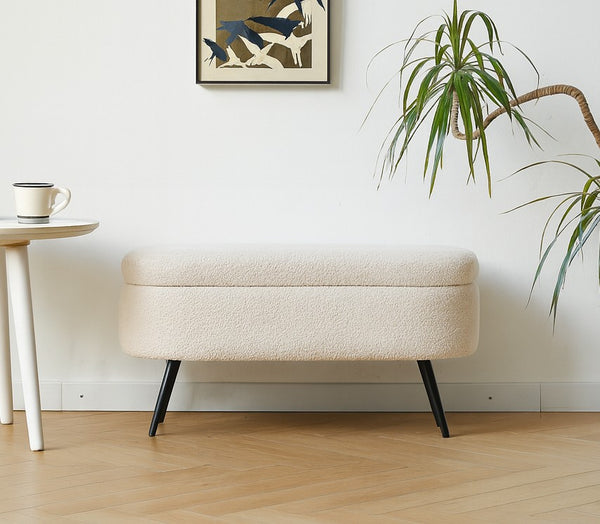 ESTOCOLMO - Banco de metal en tela bouclé blanca
