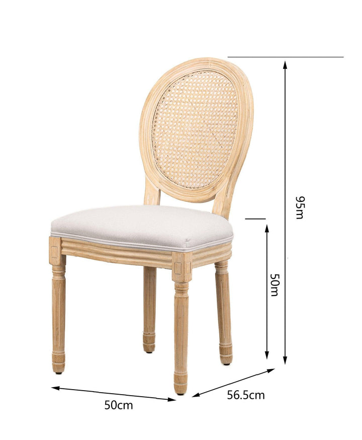 Lote de 2 sillas de madera y caña con asiento de tela gris claro