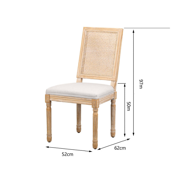 Lote de 2 sillas de madera y caña con asiento de tela gris claro