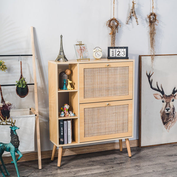 Zapatero de 2 cajones en madera y ratán