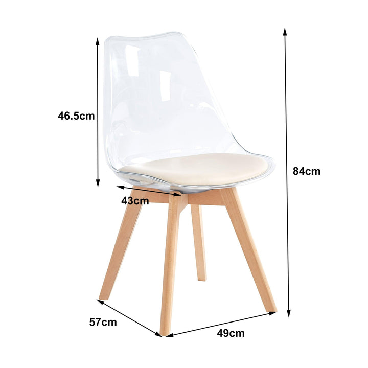 Juego de 4 sillas transparentes con patas de madera y rizos blancos