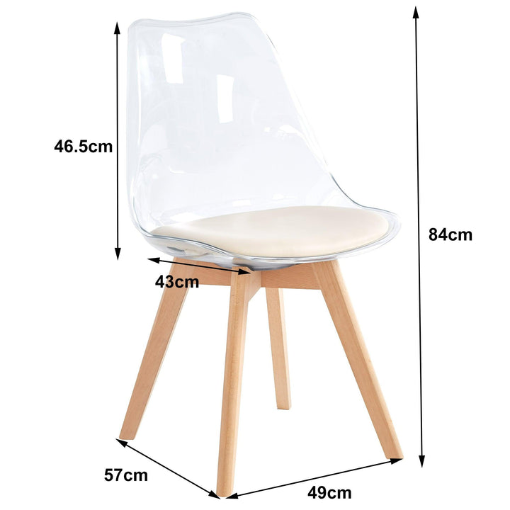 Juego de 4 sillas transparentes con patas de madera y asiento beige