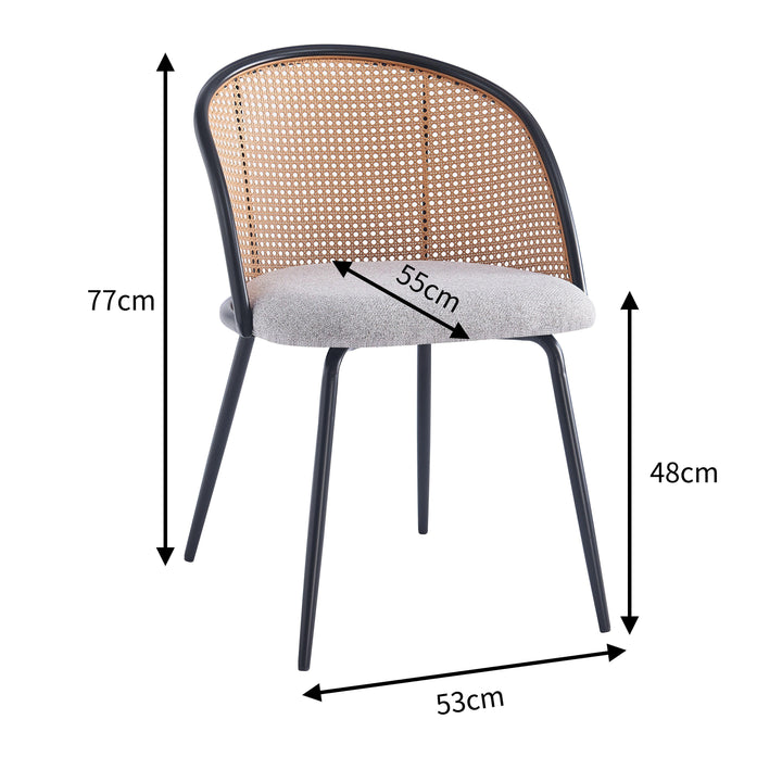 Lote de 2 sillas de metal y caña con asiento de tela gris