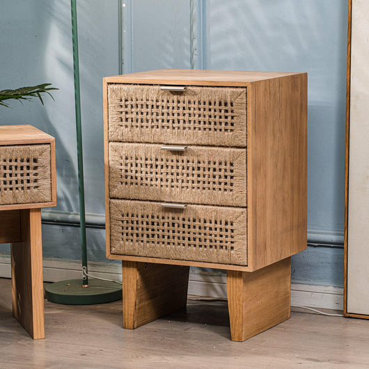 Cómoda de 3 cajones en madera y cuerda natural